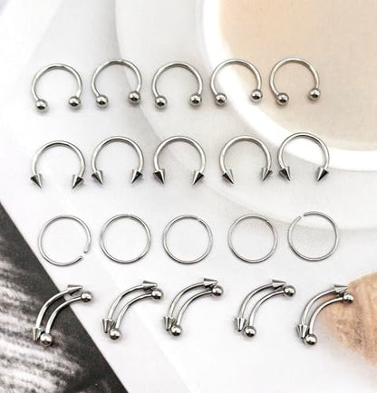 40Pcs Surgical Steel Lip Rings Labret Monroe Barbell Daith Tragus Helix Piercing Septum Nose Ring Eyebrow Body Jewelry for Women Men - color: Silver