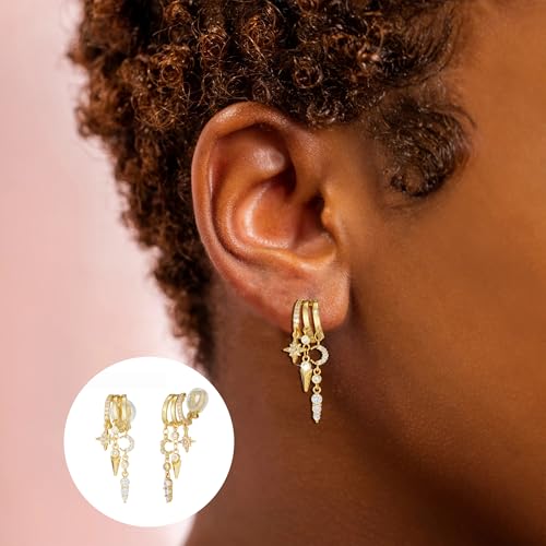 Clip On Earrings for Women Chain Moon Star Cross Hoop Dangle Earring No-Pierced Gold Silver - color: Moon,Gold tone