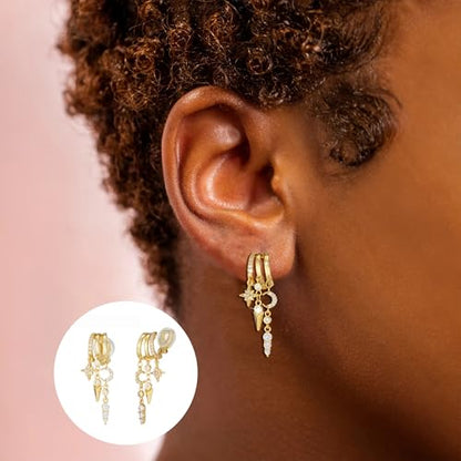 Clip On Earrings for Women Chain Moon Star Cross Hoop Dangle Earring No-Pierced Gold Silver - color: Moon,Gold tone