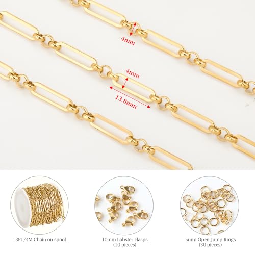 KYUNHOO 13 Feet Stainless Steel Chain Necklace for Jewelry Making | 4MM Wide Paperclip Chains Small Circle Link Chain Gold Jewelry Making Chains with Lobster Clasps and Jump Rings - color: Paperclip Gold