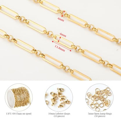KYUNHOO 13 Feet Stainless Steel Chain Necklace for Jewelry Making | 4MM Wide Paperclip Chains Small Circle Link Chain Gold Jewelry Making Chains with Lobster Clasps and Jump Rings - color: Paperclip Gold