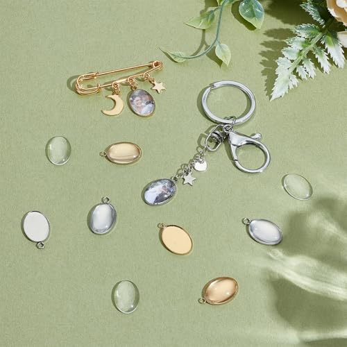 PH PandaHall 40pcs 304 Stainless Steel Pendant Tray Kit, 20pcs Oval Pendant Blank Bezel 20pcs 18x13mm Glass Clear Cabochon Dome Photo Pendants for Necklace Wedding Bouquet Graduation Photo Charm, 2 Colors