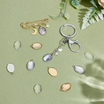 PH PandaHall 40pcs 304 Stainless Steel Pendant Tray Kit, 20pcs Oval Pendant Blank Bezel 20pcs 18x13mm Glass Clear Cabochon Dome Photo Pendants for Necklace Wedding Bouquet Graduation Photo Charm, 2 Colors