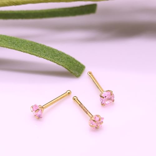 3 Pcs 14K Gold Filled Nose Studs 20G Stainless Steel Stud Nose Ring 2mm/2.5mm/3mm Round CZ L Bend Nose Stud Hypoallergenic Nose Piercing - color: pink I