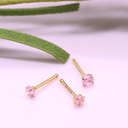 3 Pcs 14K Gold Filled Nose Studs 20G Stainless Steel Stud Nose Ring 2mm/2.5mm/3mm Round CZ L Bend Nose Stud Hypoallergenic Nose Piercing - color: pink I
