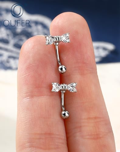 OUFER 16G Rook Earring Piercing Jewelry-316L Surgical Steel Pink Clear CZ Bow Eyebrow Rings, 6/8MM Curved Barbell Vertical Labret Lip Piercing Jewelry - color: Silver