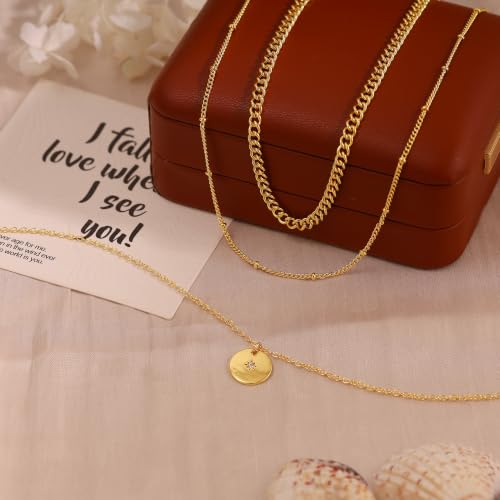 Layered Necklaces for Women, Simple Gold Necklace Stack Dainty 14K Gold Plated CZ Disc Pendant Necklace Set Non Tarnish Gold Jewelry Gifts - color: Gold-Cuban+Bead+Star