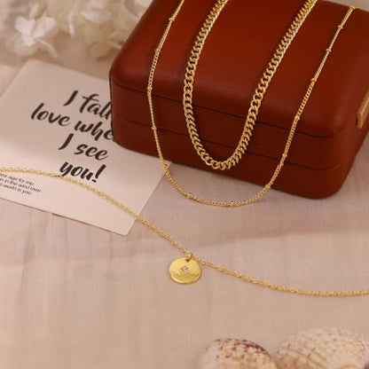 Layered Necklaces for Women, Simple Gold Necklace Stack Dainty 14K Gold Plated CZ Disc Pendant Necklace Set Non Tarnish Gold Jewelry Gifts - color: Gold-Cuban+Bead+Star