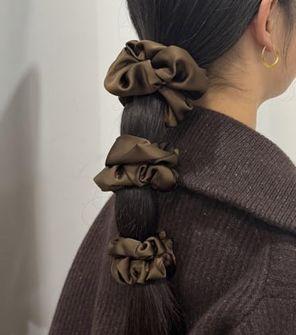 3 Pieces Satin Scrunchies Set for Hair No Crease Elastic Hair Ties for Women and Girls (Dark Brown) - color: Dark Brown
