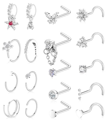 BSJ4U Gold Plated Silver Nose Rings for Women Men Stainless Steel Hypoallergenic Nose Piercing Jewelry 20G L Shaped Corkscrew Nose Rings Hoops Heart Butterfly Flower CZ Nose Studs - color: Silver Nose Ring