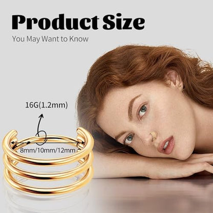 G23 Titanium Conch Piercing Jewelry Hoop: 16G 8mm/10mm/12mm Diamond Cartilage Earring Helix Double Piercing Hoop Septum Rings Hypoallergenic Nose Rings Hinged Segment Clicker Lip Rings Rook Daith Tragus Earrings - color: Gold-Triple Layers