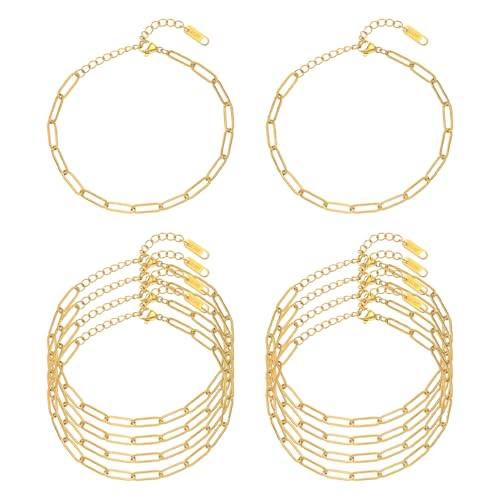 Swyabi 10 PCS Gold Plated Paperclip Bracelet Chains Bulk for Jewelry Making | 18K Stainless Steel, with Extender, No Fade, No Rust, Adjustable, for Men Women DIY, 6.5 Inch - color: 4x12mm Gold