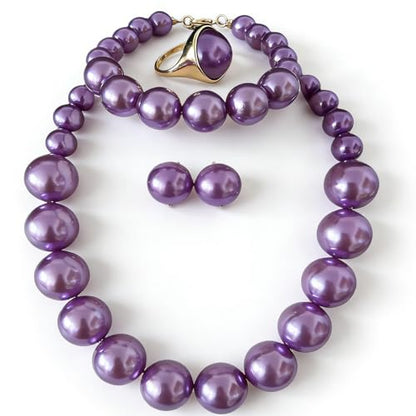 4 PCS Elegant Pearl Set Elegant Pearl Jewelry with Earrings, Pearl Choker Necklace, Bracelet and Ring, Bridal Jewelry Set for Wedding - color: Purple