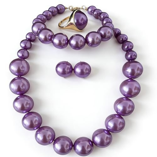 4 PCS Elegant Pearl Set Elegant Pearl Jewelry with Earrings, Pearl Choker Necklace, Bracelet and Ring, Bridal Jewelry Set for Wedding - color: Purple