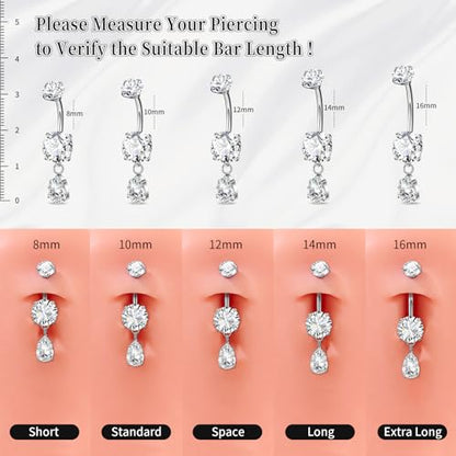 G23 Titanium Belly Button Rings Dangle CZ Belly Rings Curved Navel Rings Teardrop Internally Threaded Cute Belly Piercing 8mm-16mm - color: Style A| Silver, size: 14MM