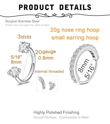 18g 20g 22g Nose Rings Hoops Silver Gold Hoop Nose Ring Surgical Steel Hypoallergenic Cartilage Hoop Earring Thin Helix Earring Hoops Tiny Small Lip Rings Piercing Jewelry 6mm 8mm 10mm - color: Silver 20g 8mm Gem
