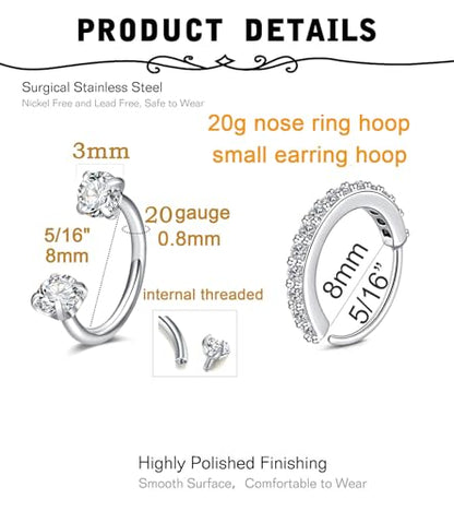 18g 20g 22g Nose Rings Hoops Silver Gold Hoop Nose Ring Surgical Steel Hypoallergenic Cartilage Hoop Earring Thin Helix Earring Hoops Tiny Small Lip Rings Piercing Jewelry 6mm 8mm 10mm - color: Silver 20g 8mm Gem