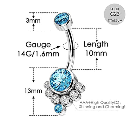 G23 Solid Titanium Belly Button Rings for Women Bezel Cluster 14G Implat-Grade Hypoallergenic Navel Rings Cute 14g Belly Rings - color: D-Blue CZ