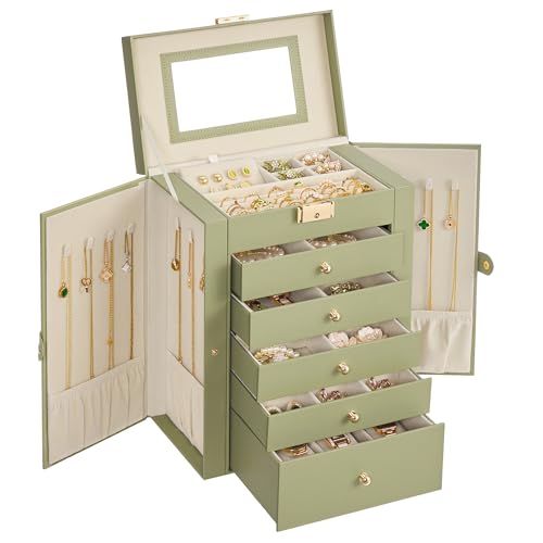 SONGMICS Jewelry Box Organizer, 6-Layer with 5 Drawers, Sage Green | Jewelry Storage Case with Lock and Mirror, Large Storage Capacity, for Necklaces, Watches, Gift for Loved Ones UJBC152CE01S - color: Sage Green, size: 6 Tier