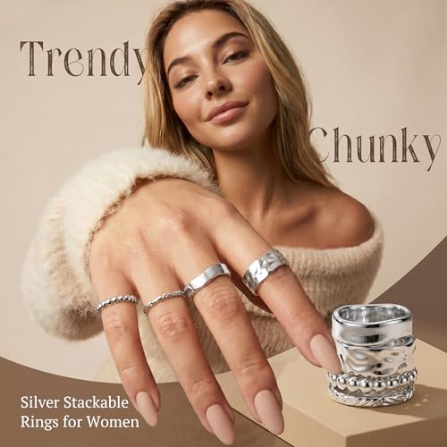 Chunky Gold Rings for Women Non Tarnish Dainty Stackable Silver Rings | 14K Gold Plated Stacking Thumb Rings Set,Trendy Statement Promise Wedding Band Ring,Size 5-11 - color: Silver