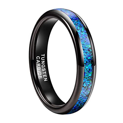 TUTISS 4mm Silver/Black Tungsten Rings for Women Men Engagement Wedding Bands Genuine Blue Green Galaxy Opal Inlay Domed Polished Comfort Fit - color: 4mm Black Tungsten Blue Opal