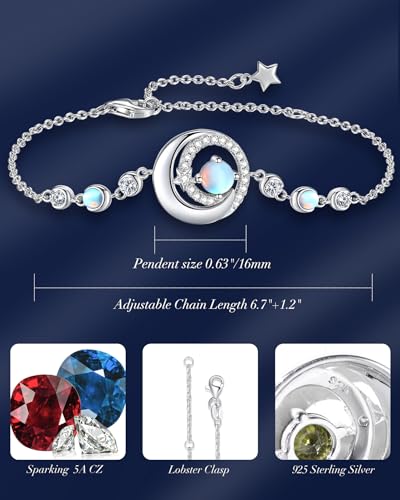 FANCIME Birthstone Bracelets 925 Sterling Silver Moon and Star Bangle Charm Bracelet Fine Jewelry Anniversary Birthday Mothers Day Gifts for Mom Her Women, Adjustable Chain 6.7"+1.2" Extend - color: link-6-moonstone