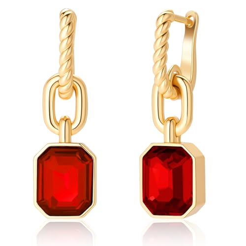 Birthstone Crystal Dangle Drop Earrings, 18K Gold Plated Huggie HoopEarring | Hypoallergenic Earring Jewelry Gifts for Women, Birthdays, anniversaries, weddings - color: Red-1
