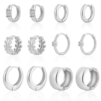 HILXURY 6 Pairs Small Gold Huggie Hoop Earrings for Women, 14K Gold Plated Cartilage Piercings Hoop Earrings Hypoallergenic, Trendy Lightweight Chunky Hoops Set for Women Gifts. - color: A- Silver