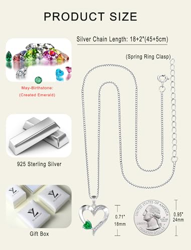 YL Heart Necklace 925 Sterling Silver Love Heart Pendant Birthstone Jewelry for Women - color: 05-emerald-May