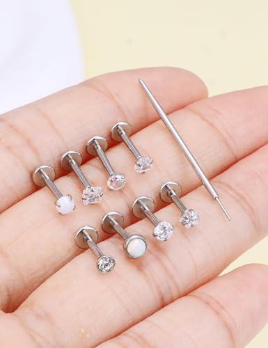 Prjndjw Threadless Nose Rings Stud 20G 18G 16G Flat Back Nose Stud Surgical Steel Push In Nose Rings Opal Heart CZ Hypoallergenic Nose Piercing Lip Medusa Tragus Studs Earrings Piercing Taper - color: 16G=1.2mm -8mm Length