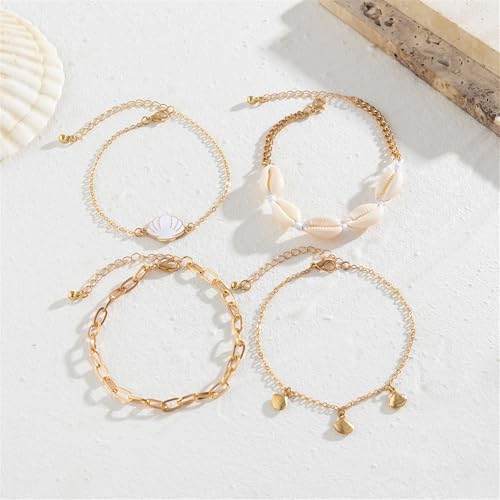 Shell Ankle Bracelet Set for Women,Boho Adjustable Beads Anklet Pack Natural White Shells Stack Stretch Seashell Pearl Starfish Bracelet Set Hawaiian Beach Vacation Foot Jewelry - style: A-Shell 4Pcs
