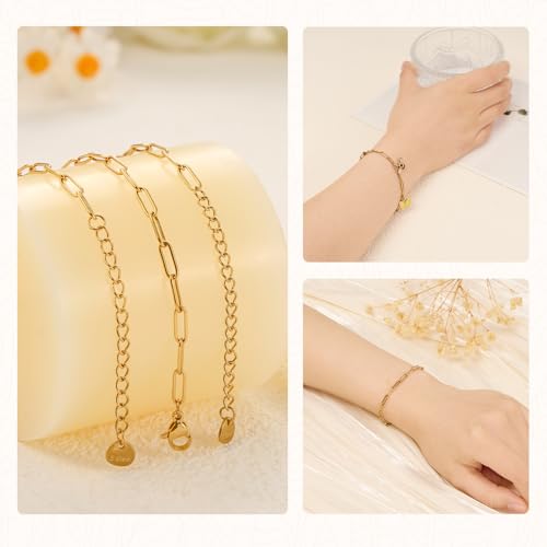 KYUNHOO 10 PCS 6.3 Inches Stainless Steel Paperclip Bracelet Chains Bulk | Gold Plated 3MM Wide Paperclip Chain Bracelet for Jewelry Making with Extender Chain - color: 3x9 paperclip gold