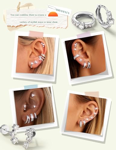 ADRAMATA Hypoallergenic Gold Earrings Stack for Women - 7Pairs Surgical Steel Small Chunky Huggie Hoops & Flat Back Stud Earrings Set Silver Cartilage Jewelry Trendy Christmas Gifts - style: Shiny - Silver