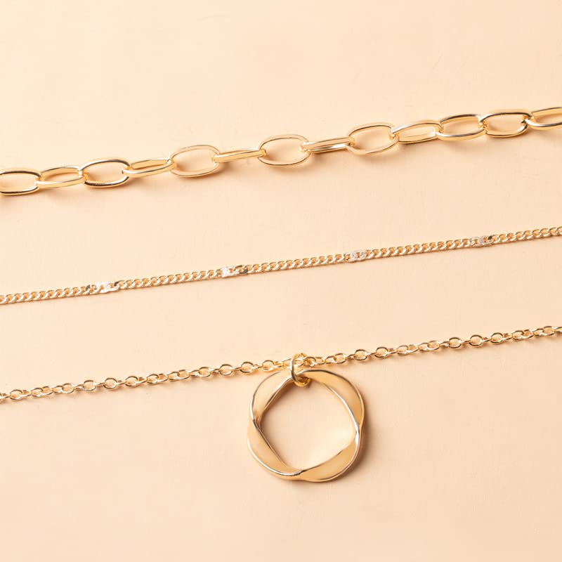 18K Gold Plated Triple Layered Necklace for Women, Multi-Strand Choker with Twisted Eternity Circle Pendant, Elegant Link and Dainty Chain Jewelry for Professional Outfits and Modern Fashion Accents