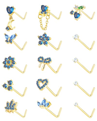 BSJ4U Nose Rings L Shaped for Women Nose Piercings 20G Surgical Stainless Steel Nose Studs CZ Heart Butterfly Flower Cherry Bow Moon Dangle Nose Piercing Jewelry - color: Gold Blue Nose Rings