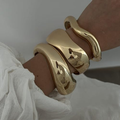 Big Chunky Gold Bracelets Set for Women 3Pcs Cuff Wide Bracelet Trendy High Shine Bracelets Minimalist Open Wide Cuff Bracelets Gold Bangle Bracelet Jewelry for Women - style: A-Gold