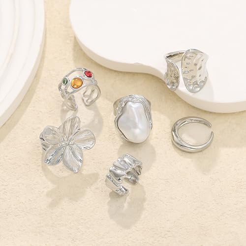 Chunky Rings for Women Stackable Vintage Adjustable Rings for Women Gold Statement Stone Ring Set Non Tarnish Vintage Jewelry - style: Silver 6