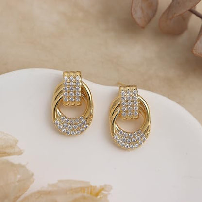 Jean Beau Chunky Gold Stud Earrings for Women Trendy Gold Plated Dangle Drop Prom Birthday Fashion Office Jewelry Gift - color: Gold CZ