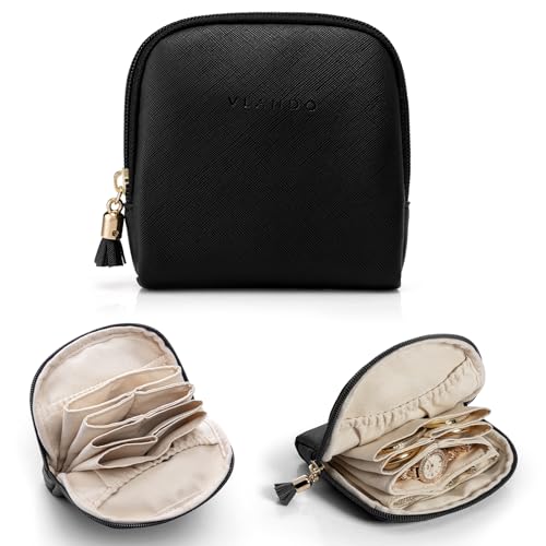 VLANDO Small Travel Jewelry Case,Velvet Pouch Bags with Zipper,Black | Travel Essentials,PU Leather Organizer with 5 Divided Sections,Carry-On Totes,Gift for Birthday,Bride,Bridesmaid,Women,Girls - color: C.Black