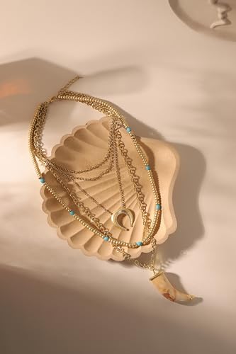 Dainty Layered Chain Necklace Horn Moon Disk Pendant Necklace Bohemian Beaded Charms Necklace
