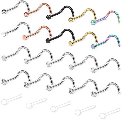 18G(1.0MM) 316L Surgical Steel Curved Nose Stud Ring Twister Screws with 2MM Ball Piercing Jewelry - color: 25PCS - Mix Color 2#