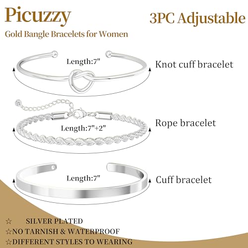 14K Gold Plated Stackable Bangle Bracelets for Women | Dainty Cuff Bracelets, Stackable for Women, Waterproof Bracelet Stack, Gold Jewelry Gifts Trendy Adjustable Accessories - color: 3-layer-B-Silver