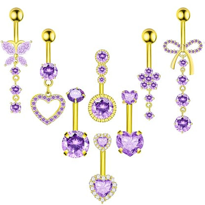 BSJ4U 8Pcs Gold Pink Silver Belly Button Ring Dangle Navel Belly Piercing Jewelry Cute CZ Butterfly Heart Flower Bow Navel Belly Rings for Women 14G Hypoallergenic Surgical Stainless Steel Dainty Dangling Dangly Belly Button Piercing Pack - color: Gold Pu