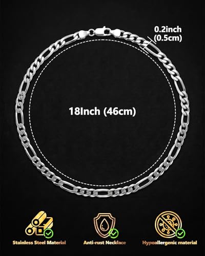Stainless Steel Figaro Link Chain 7 Inches Silver Bracelet+18 Inches Necklace