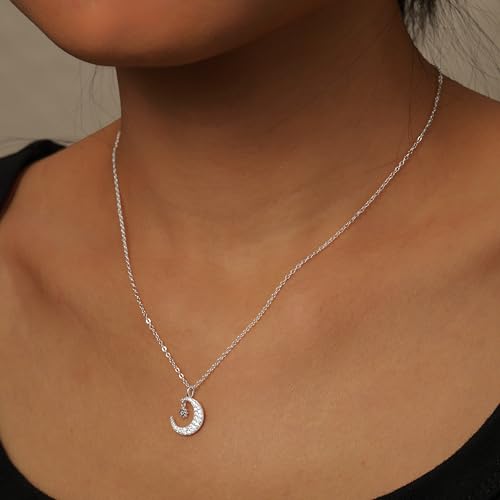 925 Sterling Silver Dainty Crescent Moon Necklace for Women | 14K Gold Plated White Cubic Zirconia Moon and Star Pendant Choker Necklace to Daughter Mother Trendy Wedding Jewelry Gifts - color: Silver