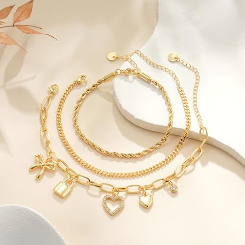 3PCS Charm Gold Bracelets for Women Non Tarnish,14k Plated Gold Bracelet Stack Cute Dainty Stackable Trendy Bow Cross Clover Bracelets Set Tarnish Free Gold Jewelry for Women Gifts - color: Lock-Gold