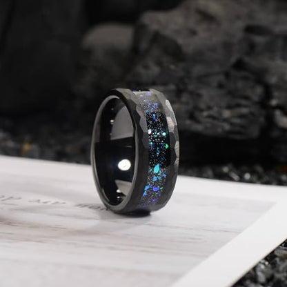 8mm Men's Tungsten Carbide Ring Gold/Black Hammered Meteorite Shavings Gold Foil Inlay Galaxy Nebula Green Opal Engagement Wedding Ring Matte Finish Comfortable Fit - color: 8mm black tungsten
