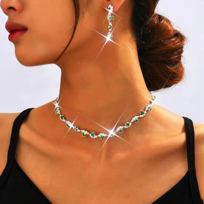 Bride Silver Necklace Earrings Set Crystal Bridal Wedding Jewelry Set Rhinestone Choker Necklace for Women and Brides - color: Green