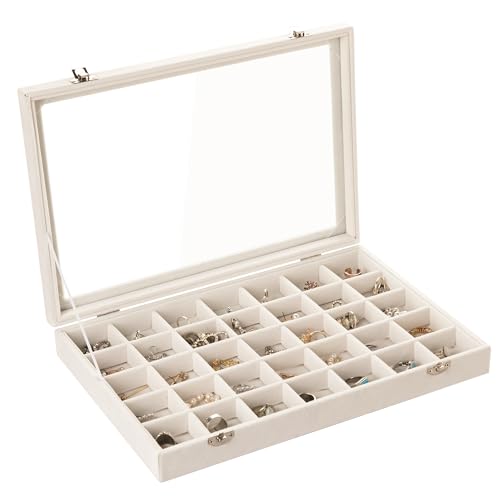 Frebeauty 35 Grid Earring Organizer,Velvet Jewelry Tray with Clear Lid | Drawer Jewelry Organizer for Rings Studs Beads,Adjustable Dividers,Dustproof Design,Earring Storage,Trinket Box,13.8×9.5Inch - color: Beige, size: 35 Grid