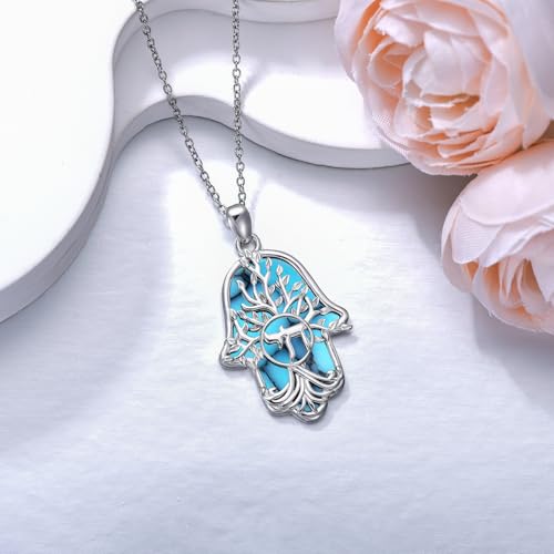 Hamsa Necklace 925 Sterling Silver Evil Eye/Lotus Flower/Star of David/Chai/Yin Yang Hamsa Hand Pendant Jewelry Hand of Fatima Gifts for Women - style: Chai-Turquoise